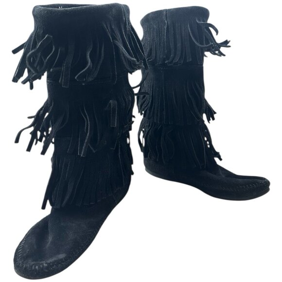 Minnetonka Boot Women 7 Black Suede Mid Calf 3 Tier Fringe moccasin boho Festiva - Picture 9 of 16